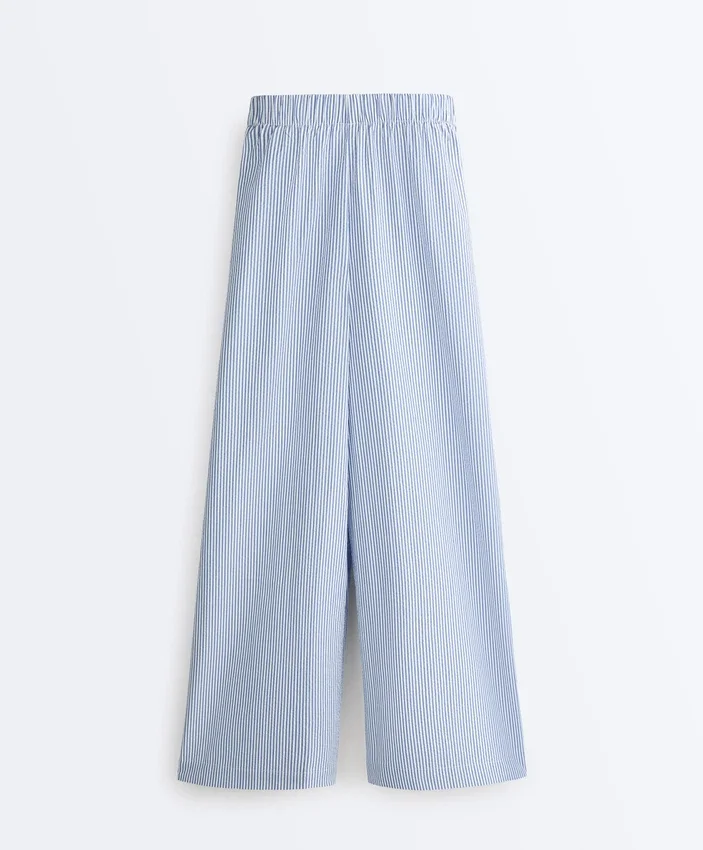 Pantalon à jambes larges en coton mélangé à rayures Pantalon à jambes larges en coton mélangé à rayures