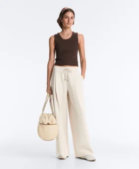 Pantalon à jambes larges en piqué plissé avec coton
