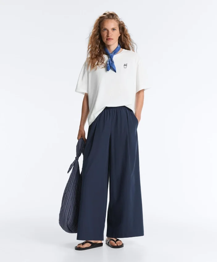 Pantalon à jambes larges en popeline 100 % coton Pantalon à jambes larges en popeline 100 % coton