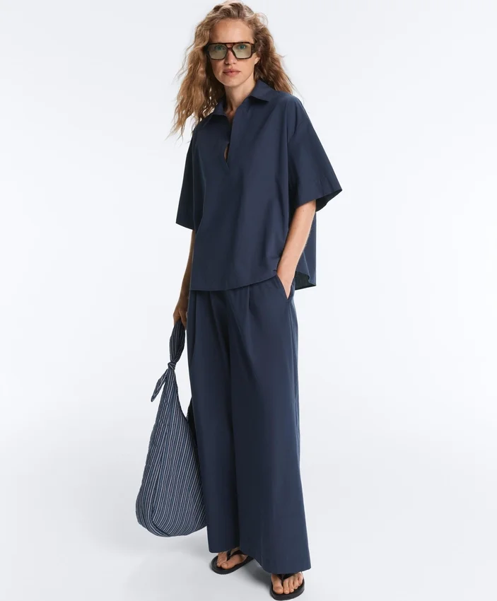 Pantalon à jambes larges en popeline 100 % coton Pantalon à jambes larges en popeline 100 % coton