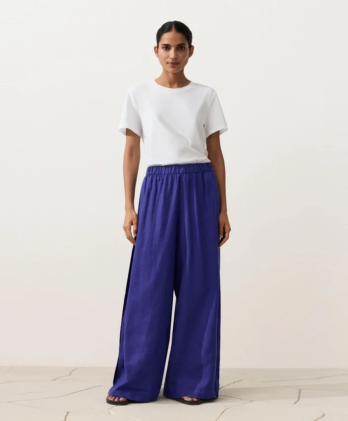 Pantalon large 100 % lin avec plis latéraux Pantalon large 100 % lin avec plis latéraux