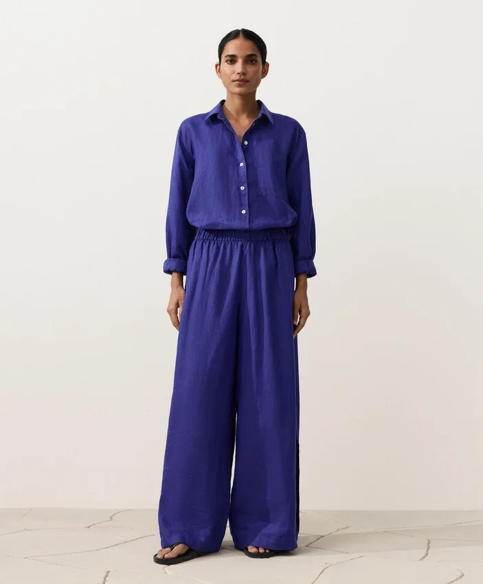 Pantalon large 100 % lin avec plis latéraux Pantalon large 100 % lin avec plis latéraux