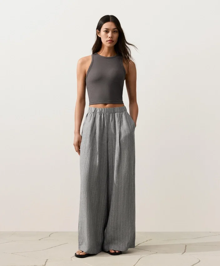 Pantalon large à rayures 100 % lin Pantalon large à rayures 100 % lin