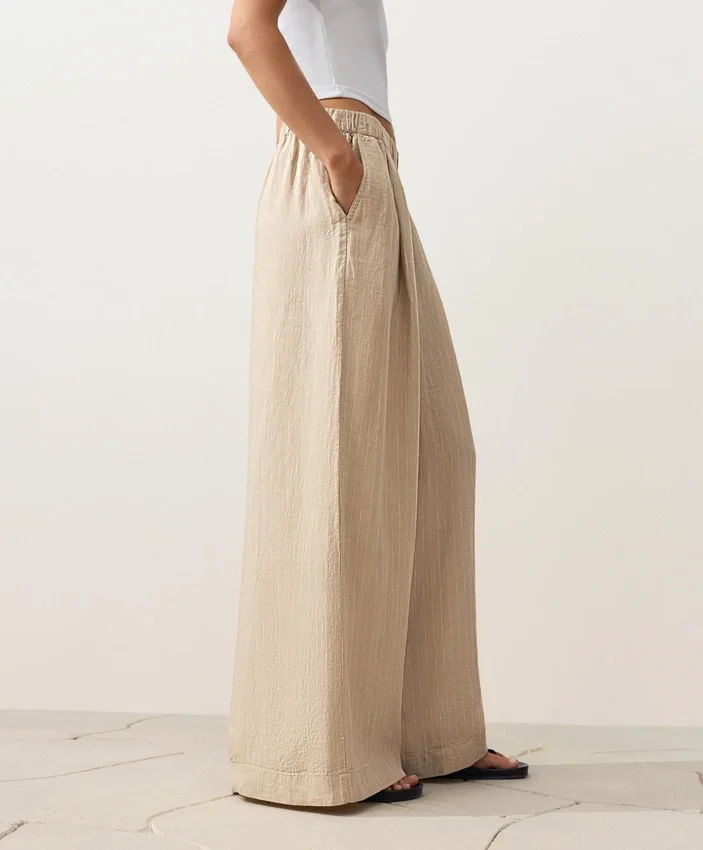 Pantalon large à rayures 100 % lin Pantalon large à rayures 100 % lin