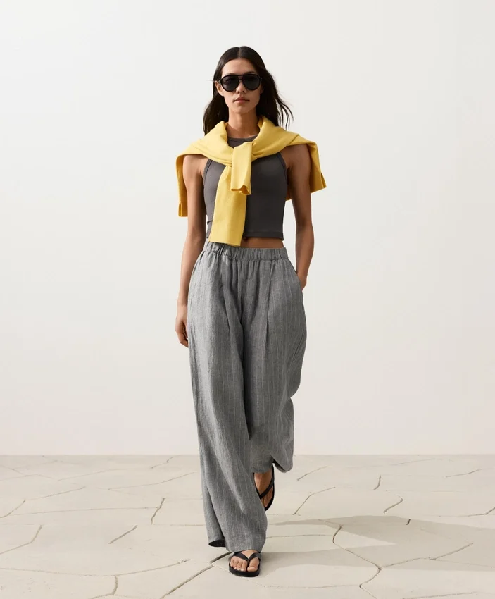 Pantalon large à rayures 100 % lin Pantalon large à rayures 100 % lin