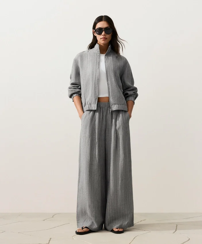 Pantalon large à rayures 100 % lin Pantalon large à rayures 100 % lin
