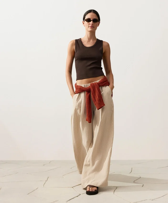 Pantalon large à rayures 100 % lin Pantalon large à rayures 100 % lin