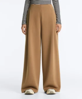 Pantalon taille haute en sergé à jambes larges et plis