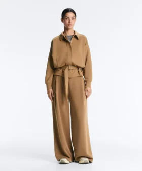 Pantalon taille haute en sergé à jambes larges et plis