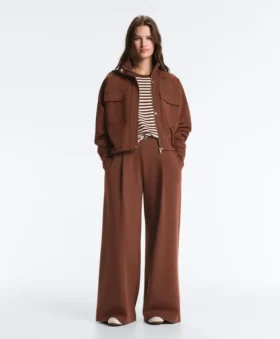 Pantalon à taille haute et jambes larges en piqué de coton