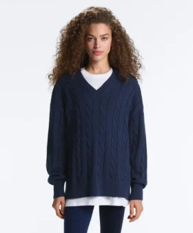 Pull à col en V en maille torsadée 100 % coton