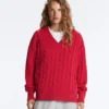 Pull à col en V en maille torsadée 100 % coton Pull à col en V en maille torsadée 100 % coton