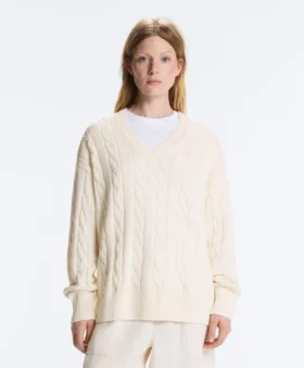 Pull à col en V en maille torsadée 100 % coton