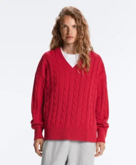 Pull à col en V en maille torsadée 100 % coton