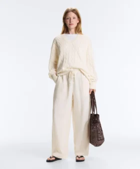 Pull à col en V en maille torsadée 100 % coton