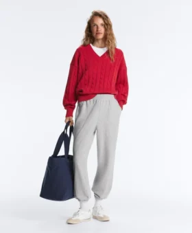 Pull à col en V en maille torsadée 100 % coton