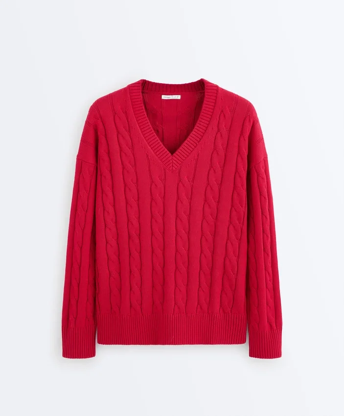 Pull à col en V en maille torsadée 100 % coton Pull à col en V en maille torsadée 100 % coton