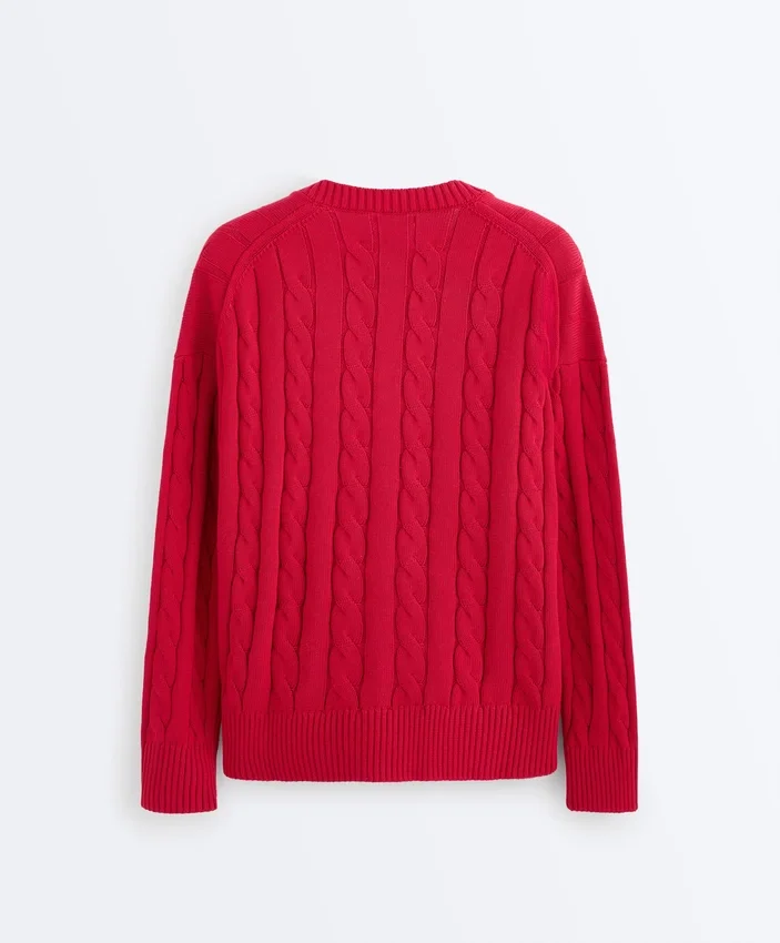 Pull à col en V en maille torsadée 100 % coton Pull à col en V en maille torsadée 100 % coton