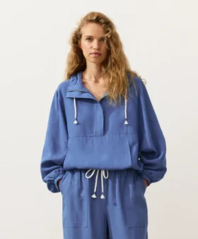 Sweat-shirt à demi-zip avec poche avant, mélange de lyocell et 24 % de lin