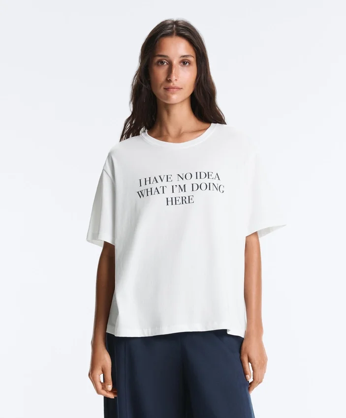 T-shirt ample à manches courtes en mélange de coton avec slogan T-shirt ample à manches courtes en mélange de coton avec slogan