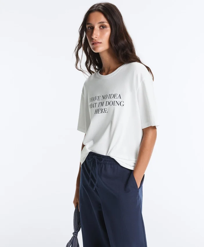 T-shirt ample à manches courtes en mélange de coton avec slogan T-shirt ample à manches courtes en mélange de coton avec slogan