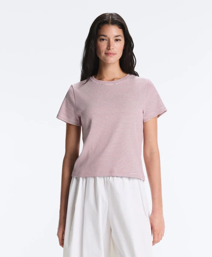 T-shirt à manches courtes en mélange de coton à rayures, coupe classique T-shirt à manches courtes en mélange de coton à rayures, coupe classique