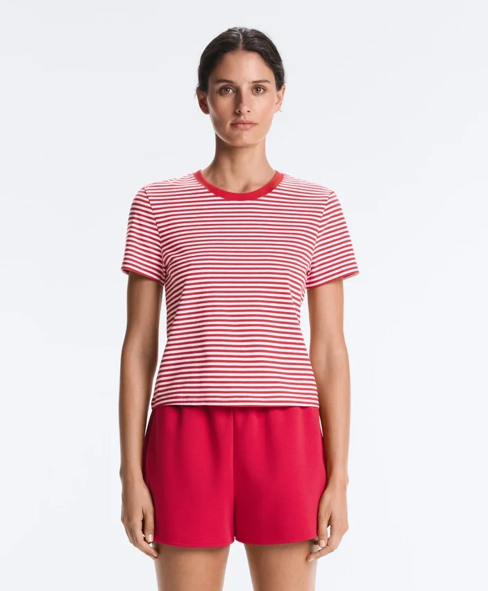 T-shirt à manches courtes en mélange de coton à rayures, coupe classique T-shirt à manches courtes en mélange de coton à rayures, coupe classique
