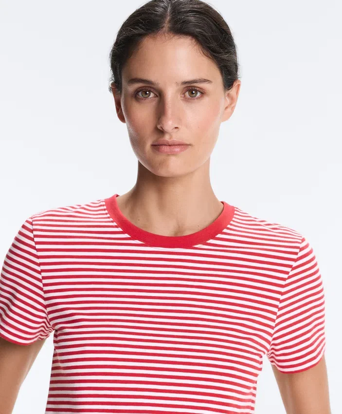 T-shirt à manches courtes en mélange de coton à rayures, coupe classique T-shirt à manches courtes en mélange de coton à rayures, coupe classique