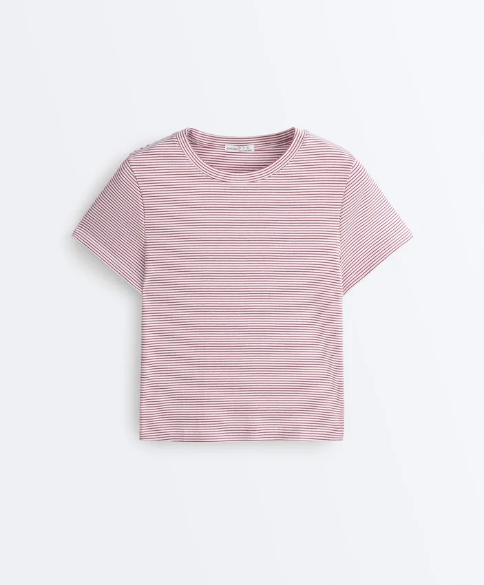 T-shirt à manches courtes en mélange de coton à rayures, coupe classique T-shirt à manches courtes en mélange de coton à rayures, coupe classique