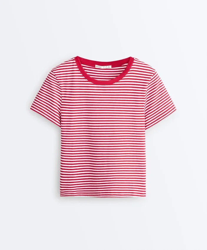 T-shirt à manches courtes en mélange de coton à rayures, coupe classique T-shirt à manches courtes en mélange de coton à rayures, coupe classique