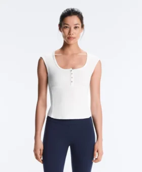 T-shirt sans manches en jersey côtelé avec boutons en coton et modal