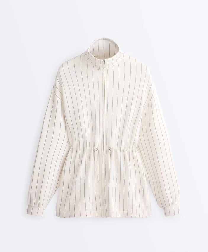 Veste longue à fines rayures avec taille ajustable et modal Soft Touch Veste longue à fines rayures avec taille ajustable et modal Soft Touch