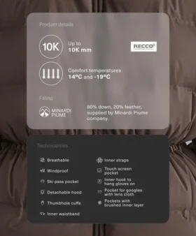 Veste matelassée légère avec un rembourrage imperméable composé à 80 % de duvet et à 20 % de Minardi Piume Ski.